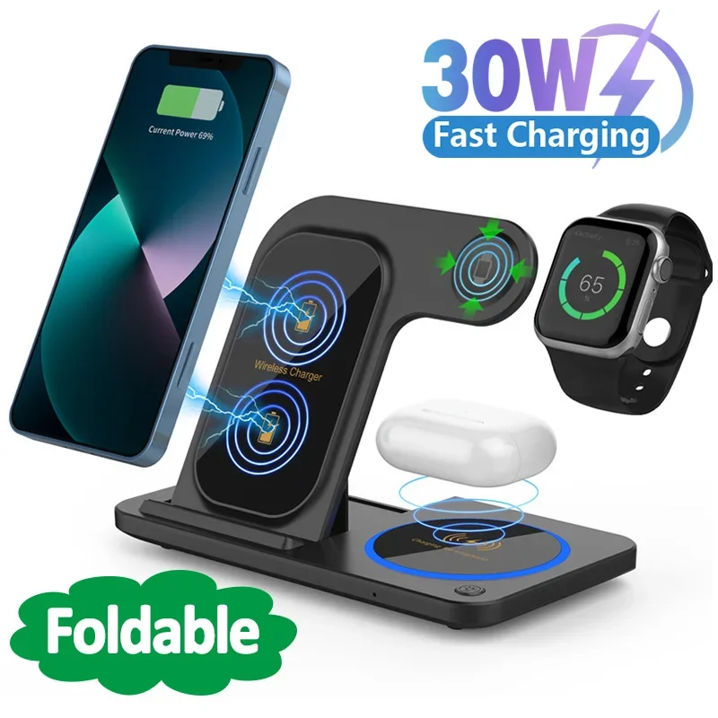 30W Foldable Wireless Charger Stand Pad Night Light Fast Charging Station For iPhone 15 14 13 12 11 X 8 Apple Watch 8 7 AirPods