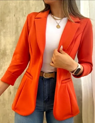 Office Elegant Pure Color Long Sleeve Coat Women Spring Autumn Casual Pocket Suit Jacket 2023 Pink Open Stitch Coats