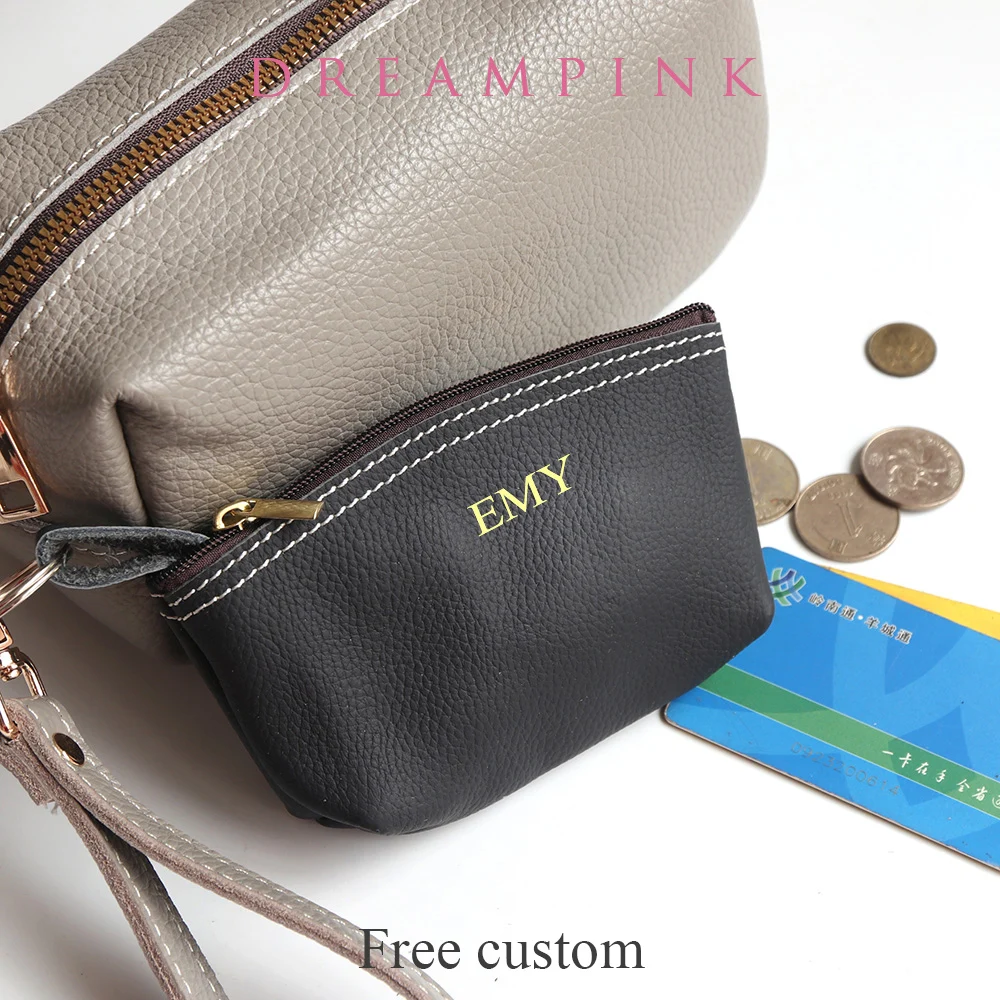 Monedero con cremallera de piel de vaca con letras personalizadas, llavero pequeño de cuero genuino, billetera para mujer, regalo personalizado, tarjetero Vintage, monedero