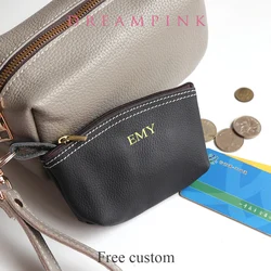 Cowhide Zip Coin Pouch Custom Letters Genuine Leather Small Keychain Wallet Women Personalize Gift Vintage Card Holder Money Bag