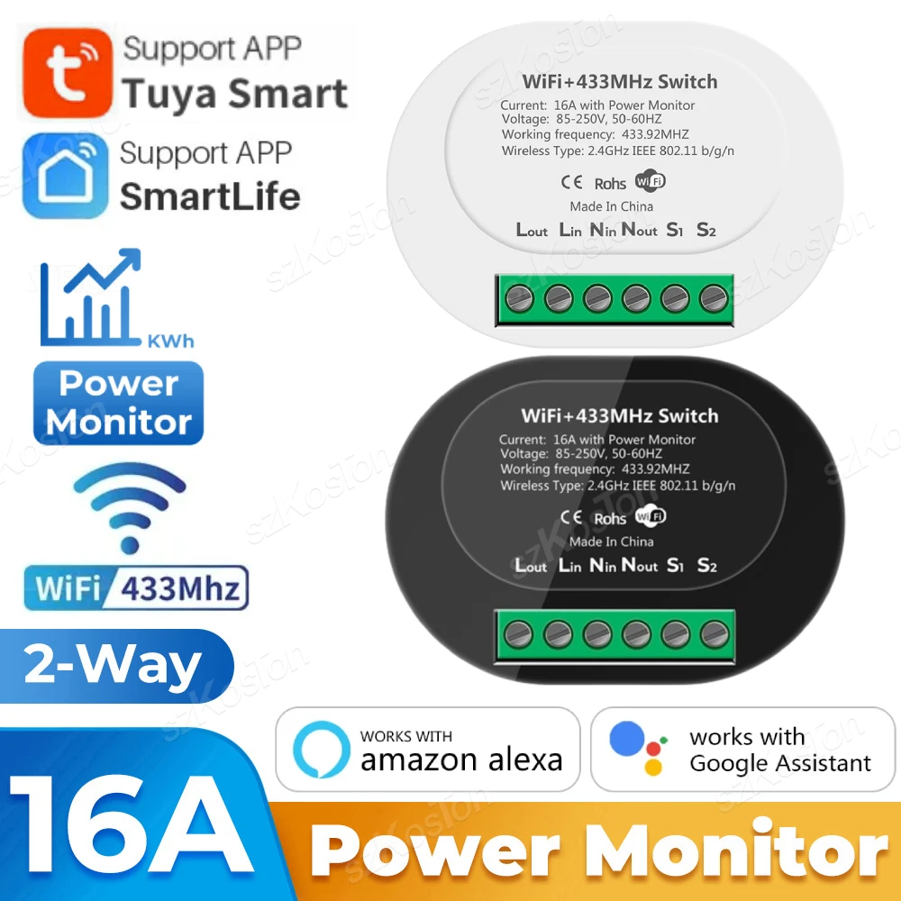 Inteligentny przełącznik Tuya WiFi z monitorem zasilania RF433 Remote 16A Mini przekaźnik przerywacza Automatyka domowa Sterowanie głosowe dla Alexa