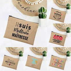 Bolsa de mano de lino Simple con estampado francés, bolso de mano, organizador de viaje para playa, bolsa de almacenamiento de papelería, regalos, Gracias, Profesor