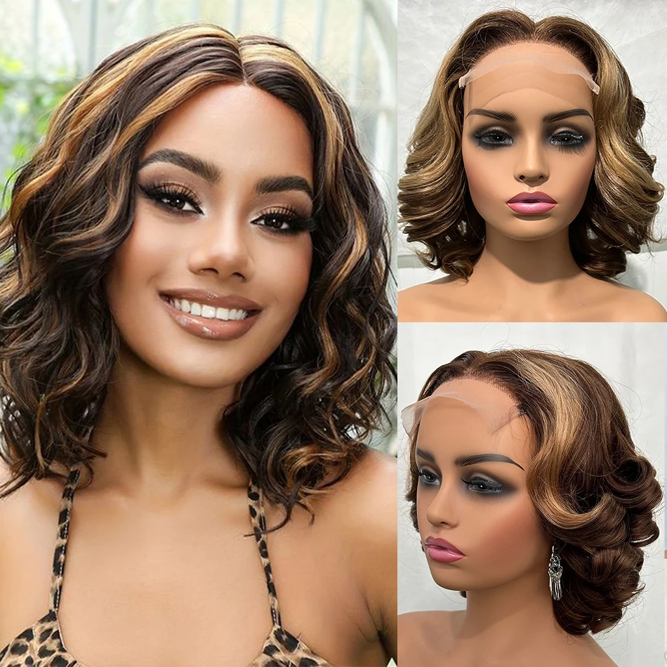 

100% Raw Donor Human Hair 5x5 Bouncy Loose Wave HD Lace Closure Wigs 250% Density Glueless Ombre Highlight Bob Wigs Wear And Go