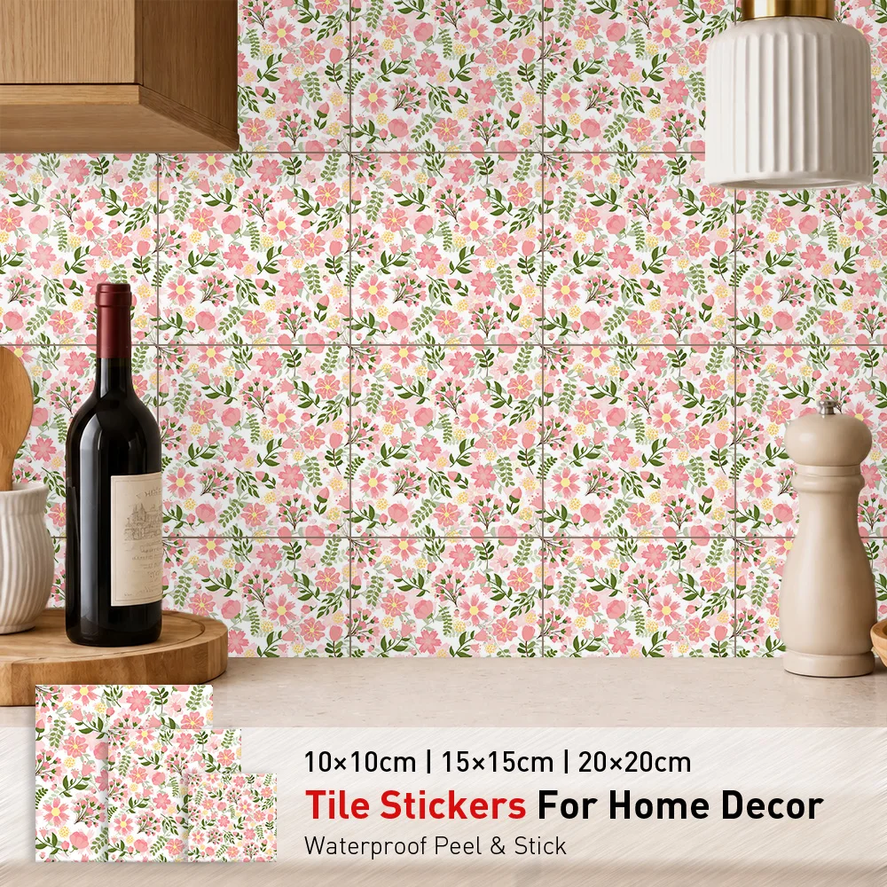 Meadow Floral Tile Stickers Waterproof Peel and Stick Self Adhesive Oil Proof Backsplash Decals Floral Wallpaper for Chic Decor