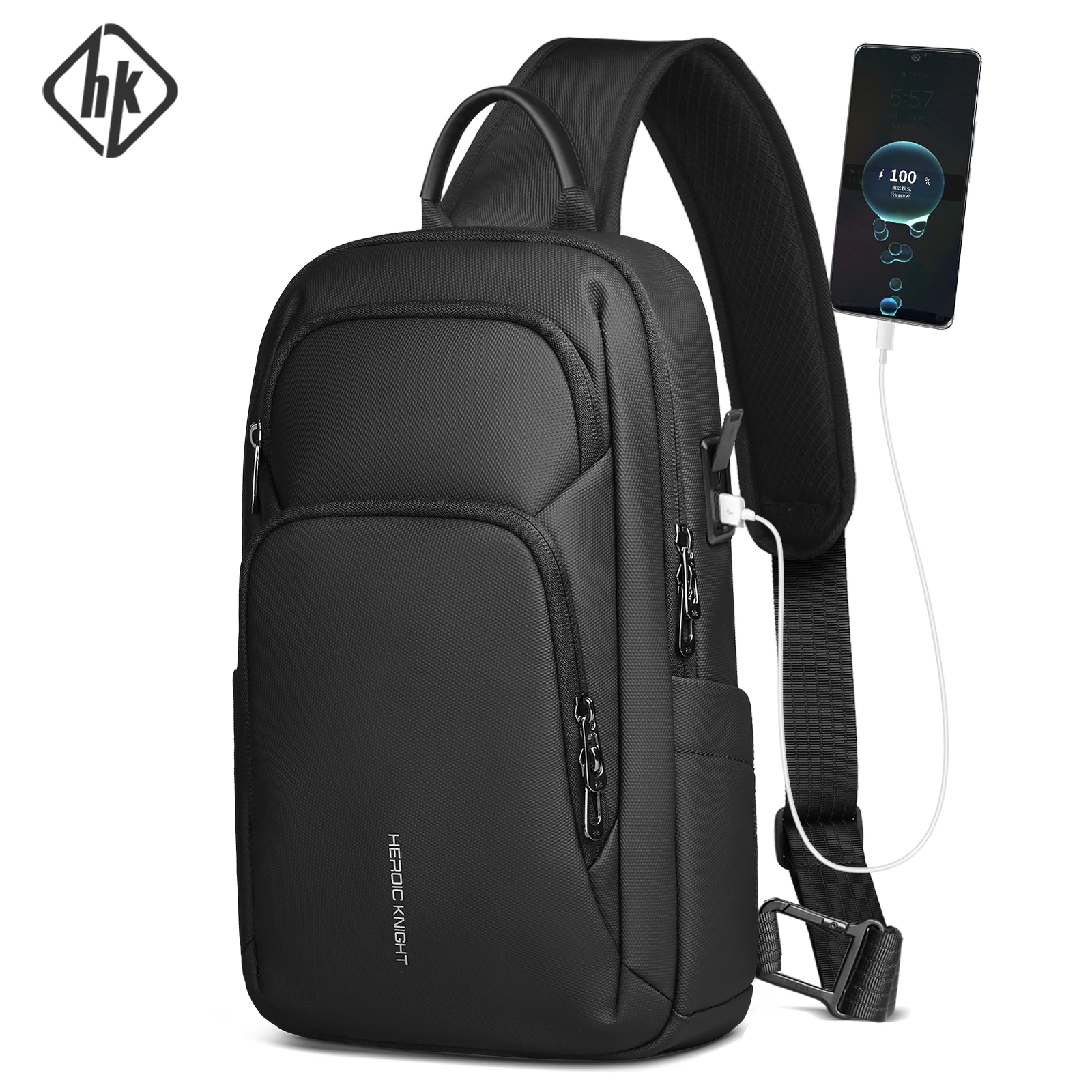 حقيبة كروس للأعمال من HK مقاومة للماء للرجال، حقائب كتف على الصدر مع منفذ USB، حقيبة جانبية كبيرة من أكسفورد للرجال، حقيبة ترفيهية #1