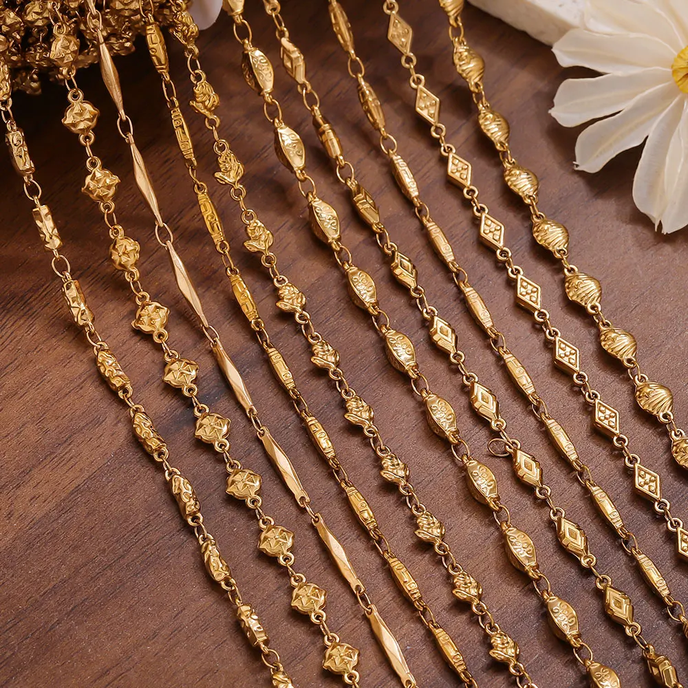 1Meter Stainless Steel Gold Plated Chains Embossing Textured Heart Carved Beaded Chain for DIY Bracelet Necklace Jewelry Making