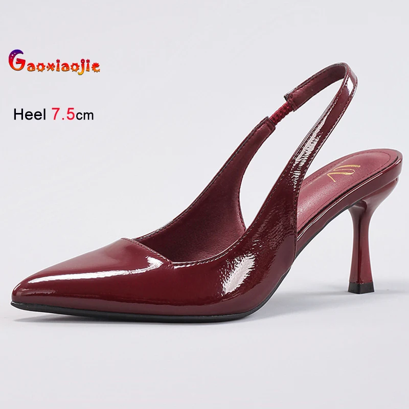 

2025 Summer Wine Red Women's Sandals Thin High Heels 7.5cm Pointed Toe Ladies Pumps Fashion Buckle Strap Female Slingbacks Shoes