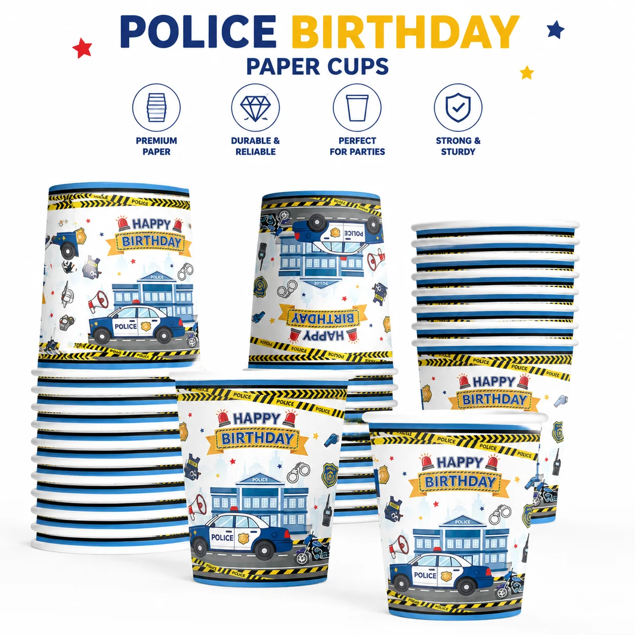 Police Car Print Disposable Paper Cups Kids Boys Happy Birthday Party Tableware, Policeman Police Station Pattern Drink Cups, La