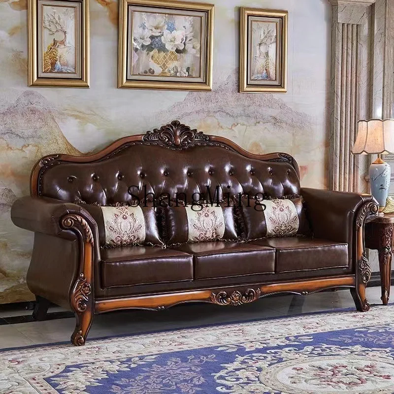 

FG combination villa apartment large living room solid wood carving flower antique style office three people
