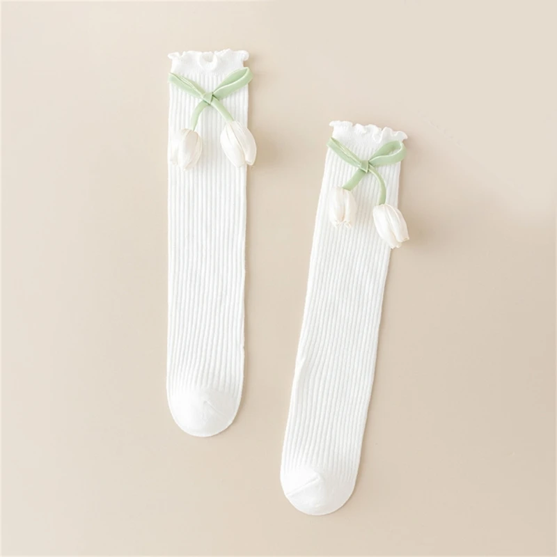 Children Dress Socks for Autumn Spring Stretchy Kneehigh Socks for Student Breathable Ruffle Trim Socks for Little Girl