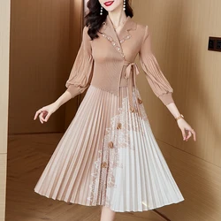 ZUO MAN RUMiyake Magic Skirt 2024 Spring New Folded Mid length Long sleeved Dress with Slender and Gentle Style Knee Length Robe