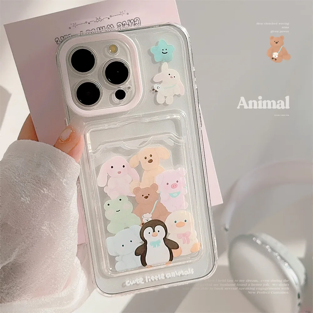 Niedliche Cartoon-Tiere, transparente Kartensteckplatz-Taschenhülle für iPhone 16 15 14 13 12 11 Pro Max XS XR X 7 8 Plus, stoßfeste Abdeckung
