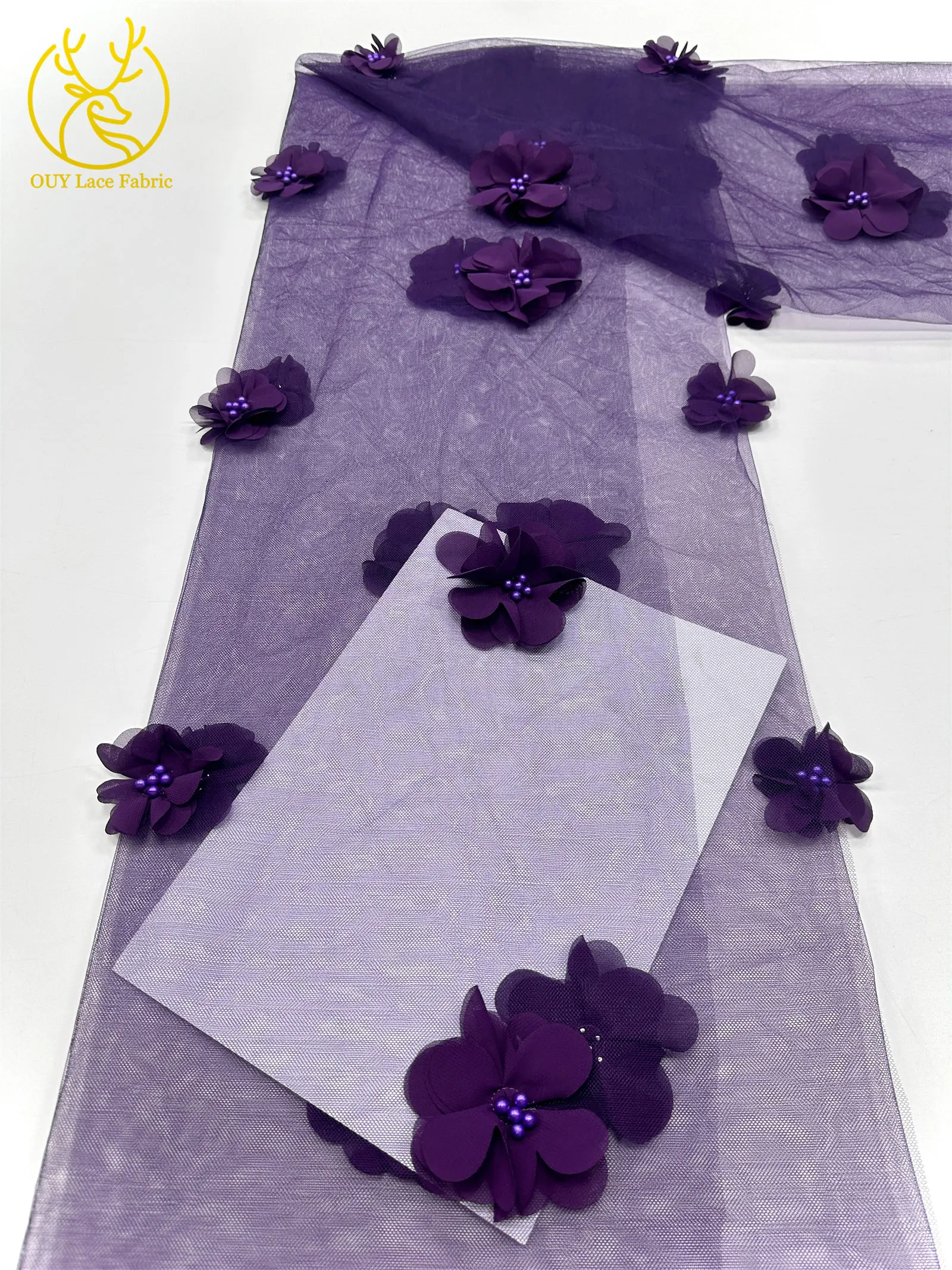 Lila 3D Applikation Tüll Perlen Spitzenstoff Hochwertige 3D Blumen Tüll Netz Stickerei Spitze Nigerianischer Hochzeits-Spitzenstoff – Detail 28