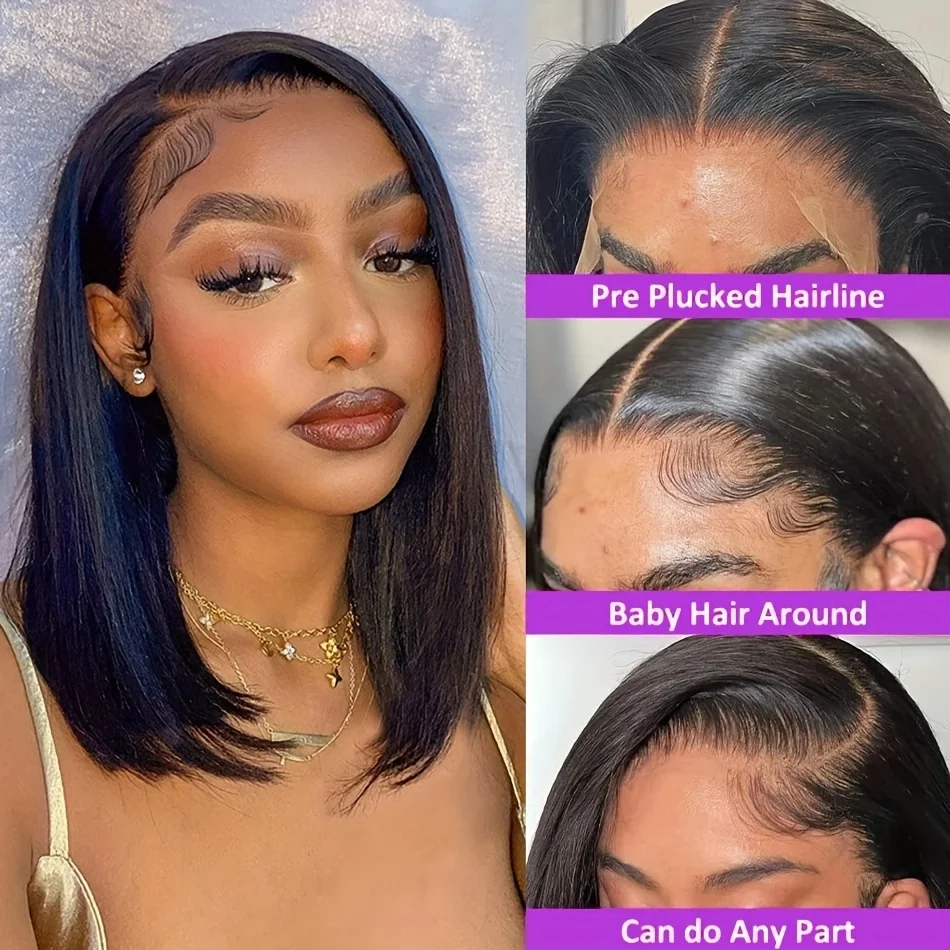 250% Human Hair Wigs Brazilian Remy Bone Straight Short Bob Wig For Women 14 Inch 13x6 Straight Lace Frontal Bob Wig Pre Plucked image 4