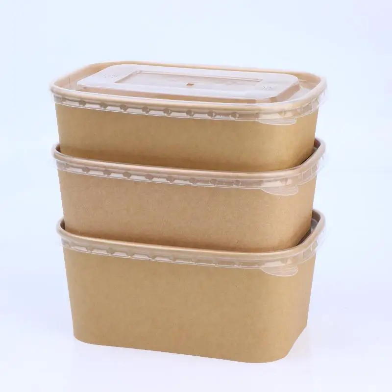 10Pcs Square Disposable Kraft Paper Food Containers With Lids Takeout Bento Boxes Household Fast‑Food Packaging Supplies