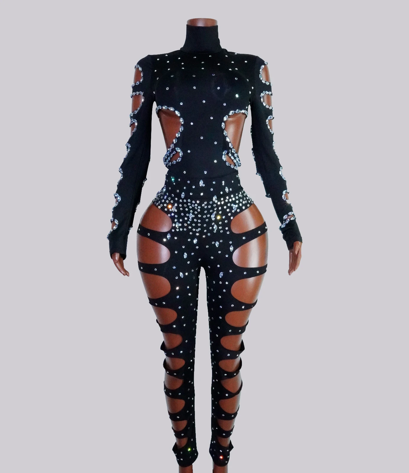 

Gogo Dance Costume Sexy Hollow Out Black Women Crystal Bodysuit Long Sleeves Dancewear Top Club Costumes Singer Stage Nightclub