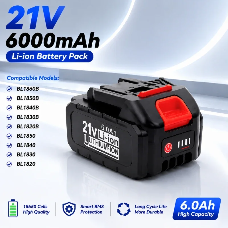 Image of 21V 6000mAh Li-Ion Akku-Pack, 18650 Zellen, 5S2P, hohe Kapazität, schnelles Laden, Ersatzakku, kompatibel mit BL1815 BL1820 BL1830 BL1840 BL1850 BL1860 Elektrowerkzeugen, EU-Lagerbestand