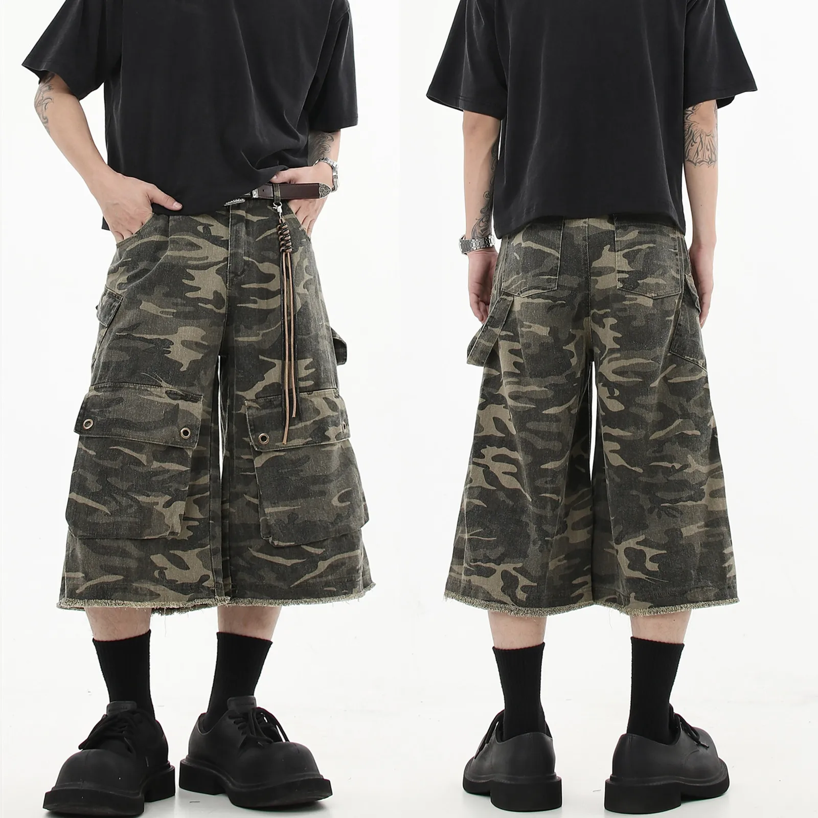 

Камуфляжные брюки на семь футов, мужские свободные прямые многослойные брюки со средней талией, повседневная американская летняя рабочая одежда orts