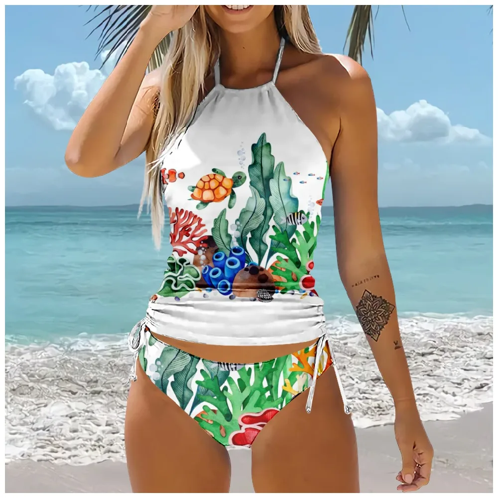 Women Sexy Bikini Swimsuit High Waist Coral Seaweed Printed Multicolor Swimwear Swimming Sportswear Two-Piece Suits Clothing