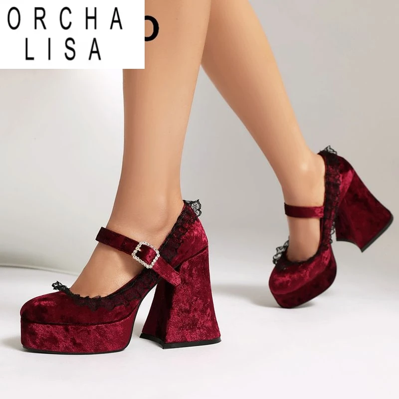

ORCHA LISA 2025 Mary Janes Women Pumps Suede 41 42 43 Wedding Sexy Shoes Round Toe Thick Heels 12cm Platform Buckle Strap Flock
