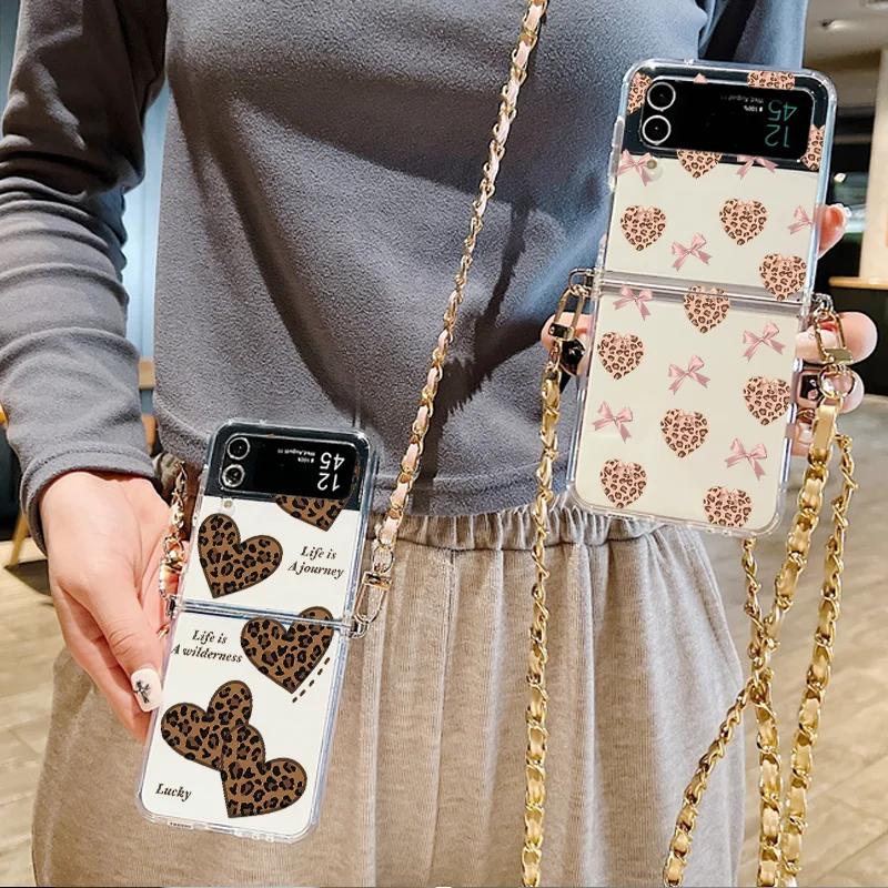 ليوبارد طباعة قلوب القوس الحبل قضية الهاتف لسامسونج غالاكسي Z فليب 7 6 5 4 3 5 جرام Flip7 FE Flip6 Crossbody حبل واضح غطاء من البولي يوريثان