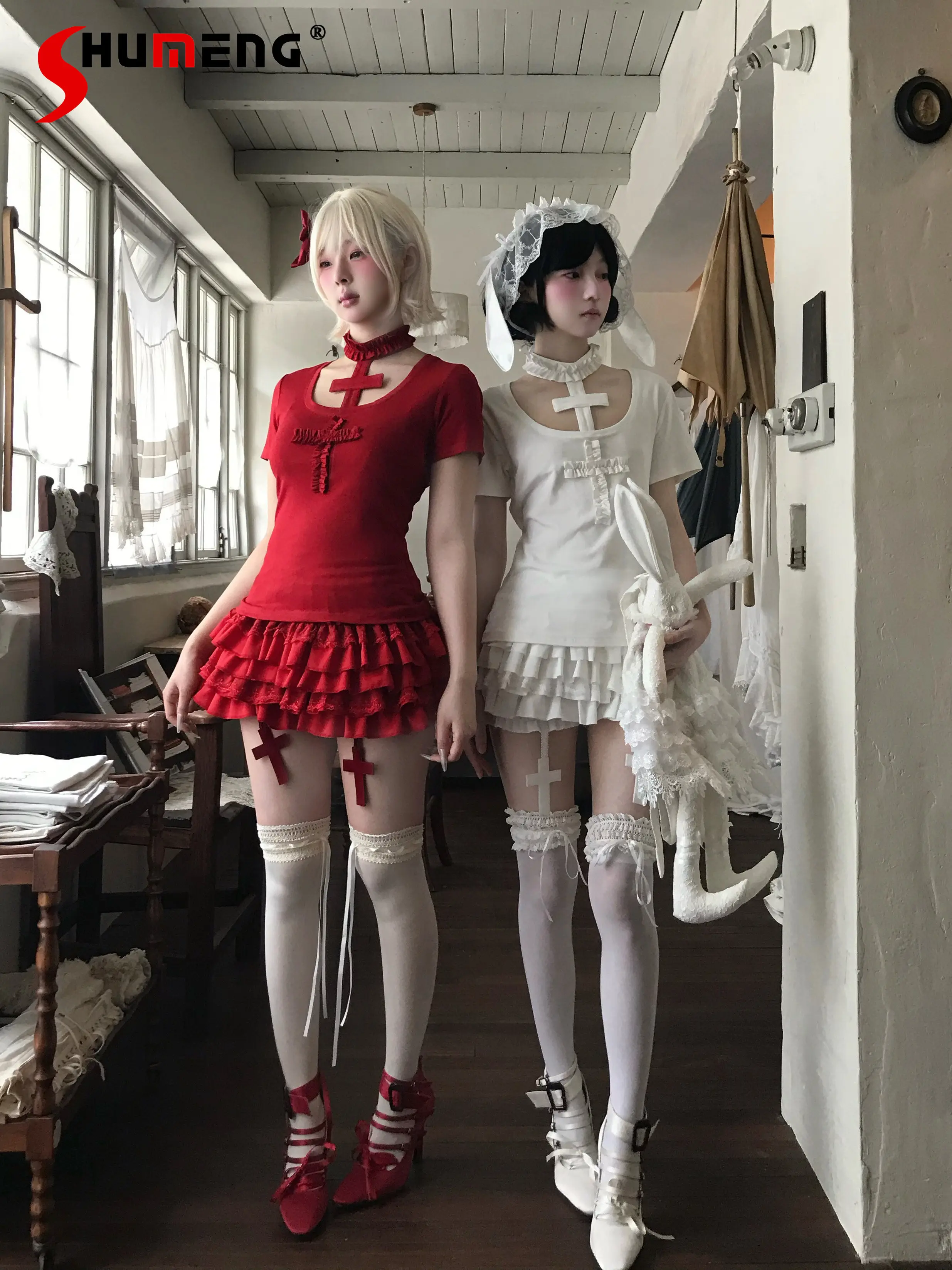 

Original Subculture Japanese Gothic Skirt Set Kawaii Girl's Y2k Short-sleeved T-shirt Tops Cake Culottes Outfit Women Summer