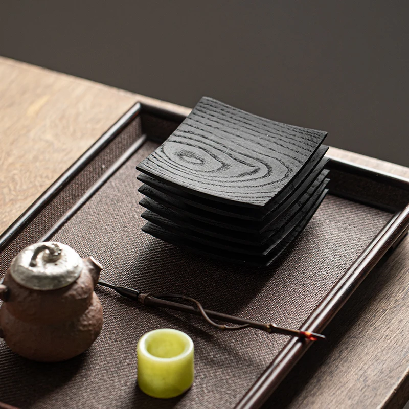 Black Japanese solid wood smoked teacup thermal insulation pad, tea holder, wooden cup holder, high-end tea tasting coaster