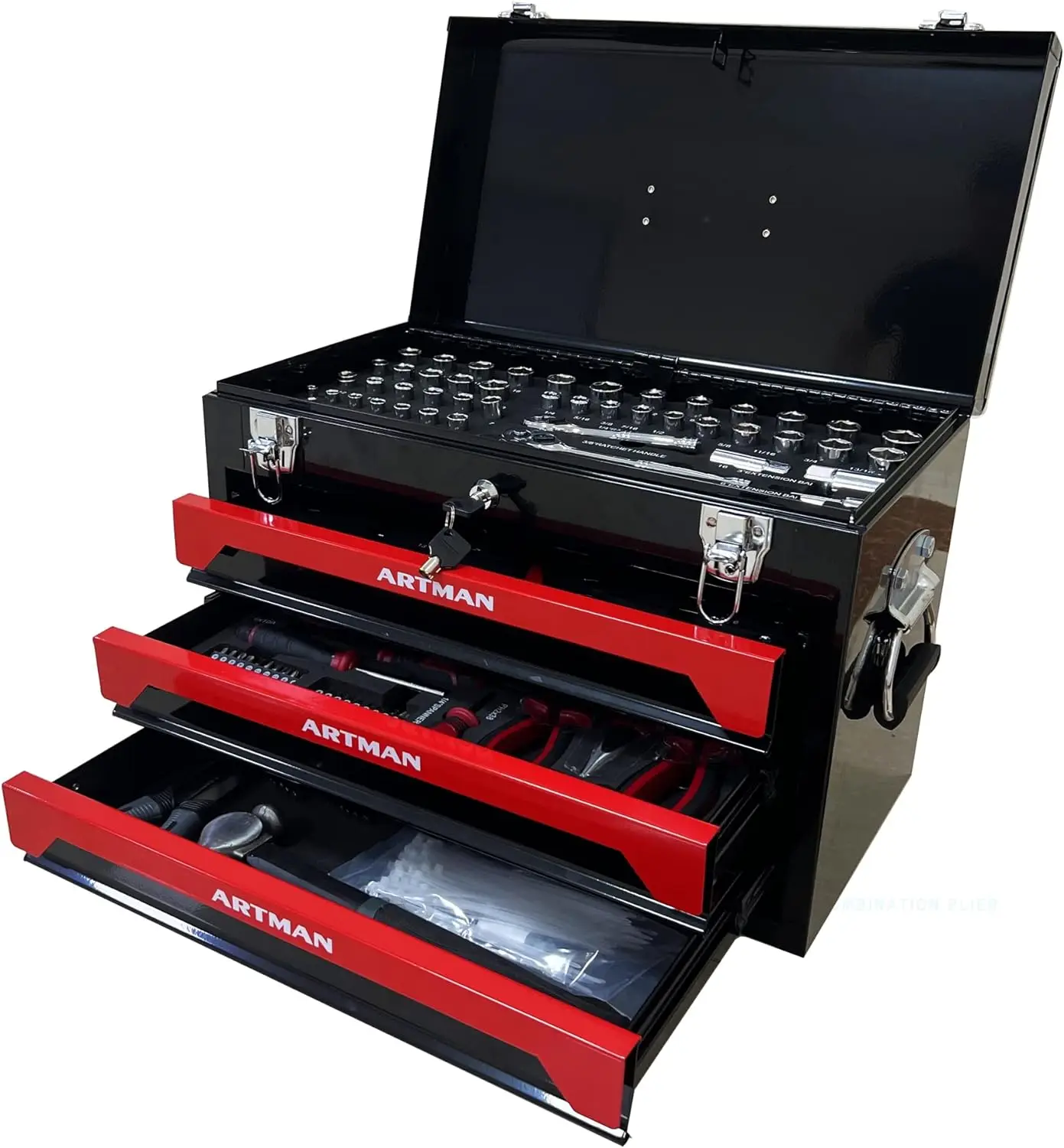 

Tool Set Box with Handle and 3-Drawer Heavy Duty Metal BoxTool Kits for Adults Mechanics Workshop Maintenance and RepairProjects