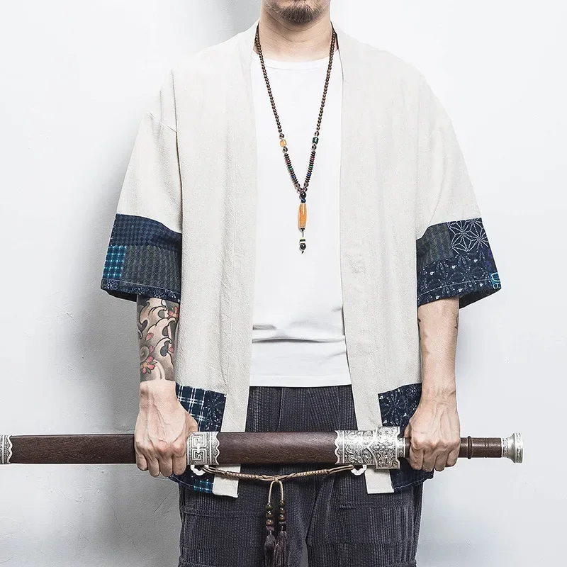 ثوب الكيمونو الياباني سترة الرجال Haori يوكاتا الذكور الساموراي زي الملابس سترة رجالي قميص فضفاض المرقعة جاكيتات G1467