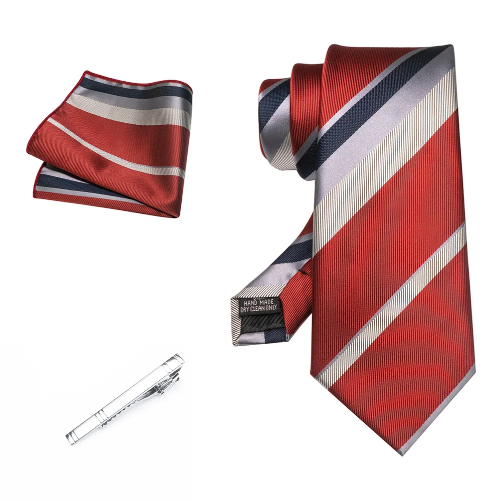 Herren Marineblau Krawatte Rot-Grün Gestreiftes Krawattenset Glänzender Clip Hochwertiges Einstecktuch für Business-Anzüge Anlässe Hochzeit Party – Detail 21