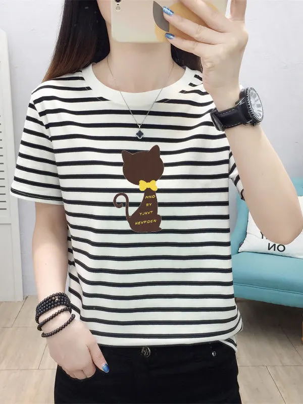

Summer New Slim Fit round Neck Short Sleeve T-Shirt Women's Loose Cotton Blend Thin Shoulder Line Striped Top Mom's Shirt