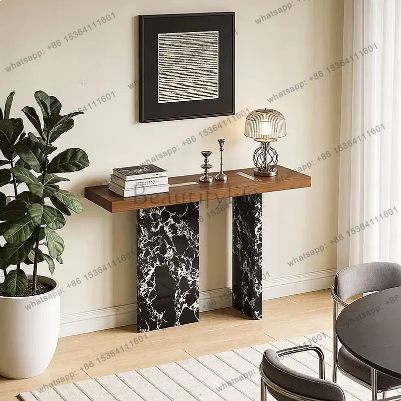 YJ Vintage Solid Wood Console Table with Slate Top Narrow Entryway Sofa Table for Hallway Living Room