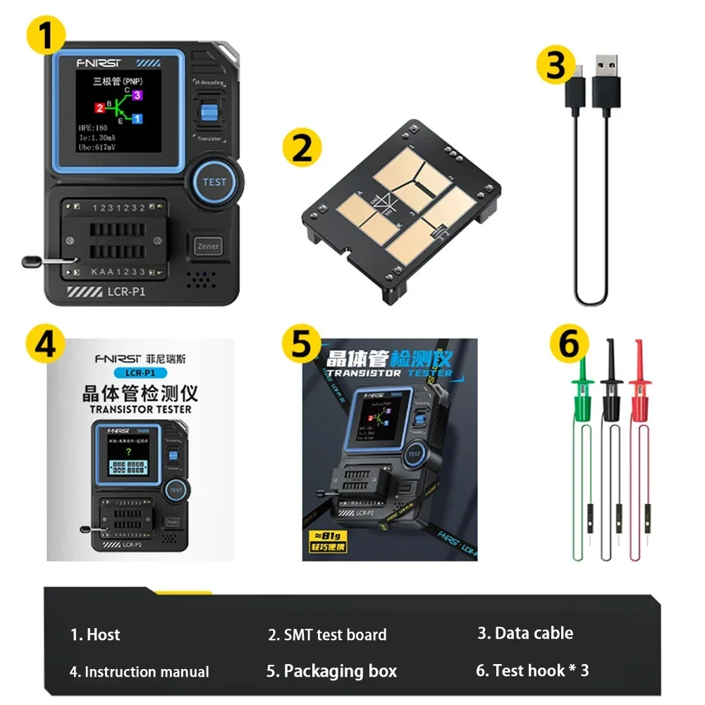 FNIRSI LCR-P1 Multifunction Transistor Capacitor Tester Diodes Triodes MOSFETs ESR NPN PNP SMD Automatic High Precision