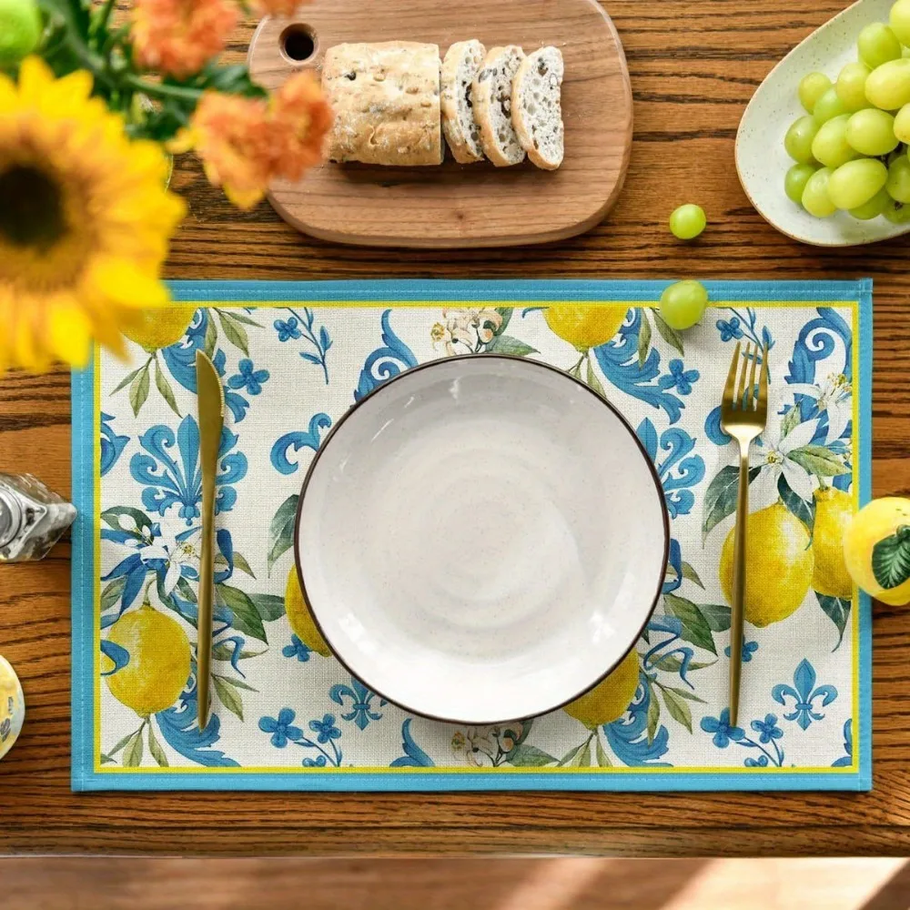 30x45cm 4pcs Blue Lemon Iris Summer Placemats Seasonal Table Mats Party Kitchen Dining Decoration Linen Material