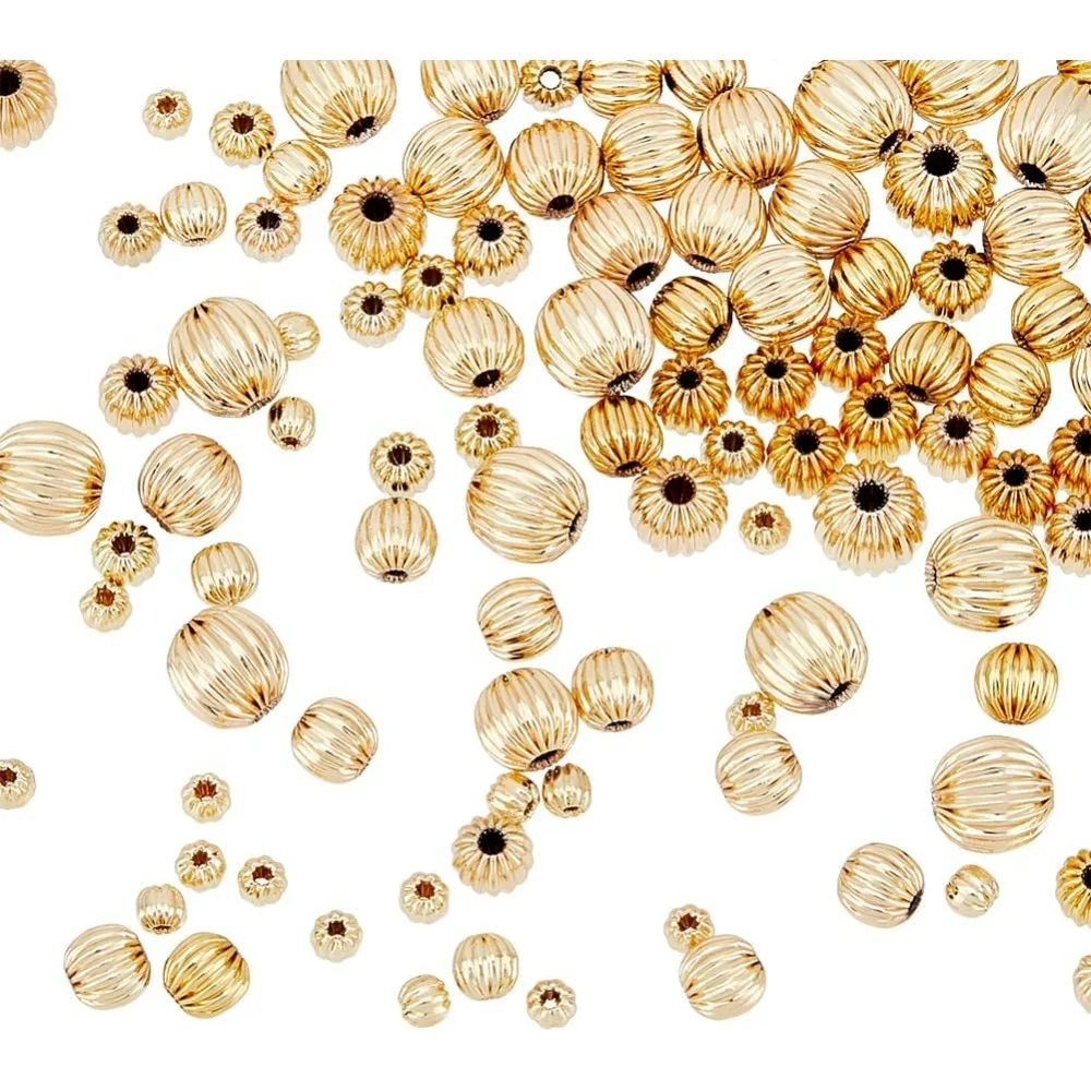 120Pcs 6 Style Round Spacer Beads 14K Real Gold Plating Brass Loose Beads 3-7mm Metal Hollow Watermelon Beads for Jewelry