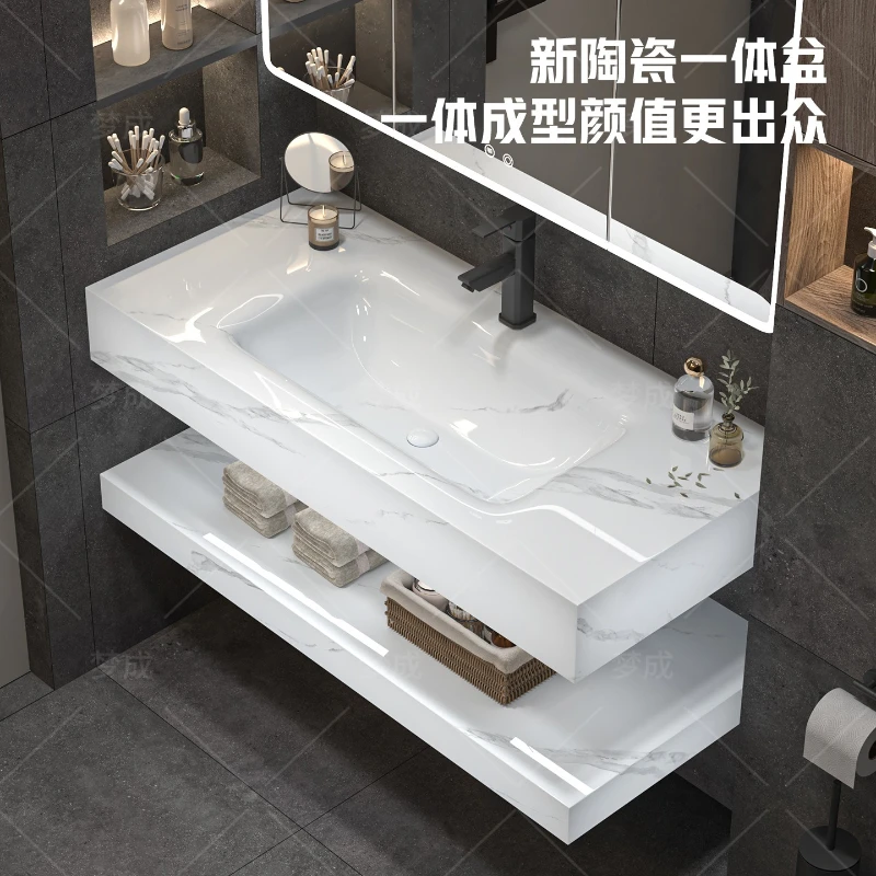 New ceramic rock slab integrated washbasin dressing smart mirror high value fish belly platinum double-layer storage washbasin