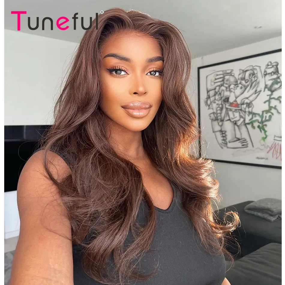 13x4 Chocolate Brown Colored Human Hair Wigs Tuneful HD Transparent Lace Front Human Hair Wigs Raw Indian Body Wave Frontal Wigs