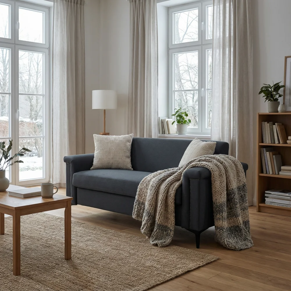 PINGGO 2-Sitzer-Sofa im nordischen Stil, feiner Leinenstoff, Massivholzrahmen, stabile Eisenbeine, 174 x 72 x 82 cm, Wohnzimmermöbel – Detail 7