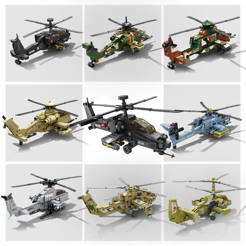 Military Helicopter AH-64 gunships Mi-28 Havoc Eurocopter Tiger building blocks war army fighter plane Hind Transport city Toys