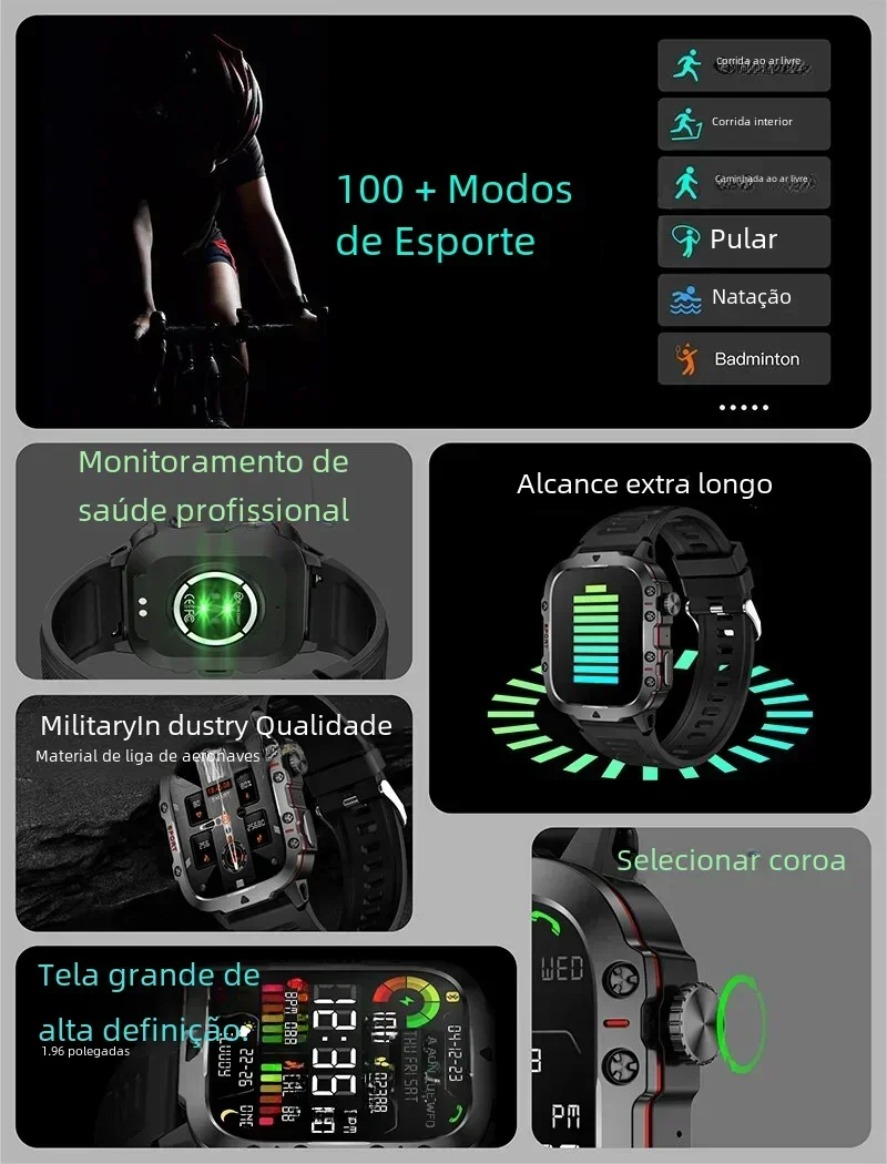 Outoor-reloj inteligente militar para hombre, pulsera deportiva resistente al agua IP68, 5ATM, Monitor de salud, llamadas BT de 2024 pulgadas, para Android e IOS, novedad de 1,96