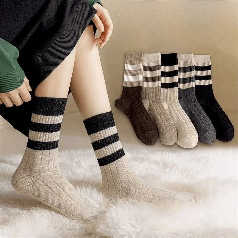 

Autumn Winter New Minimalist Striped Women Mid Tube Socks Thickened Warm Versatile Lady Sports Socks
