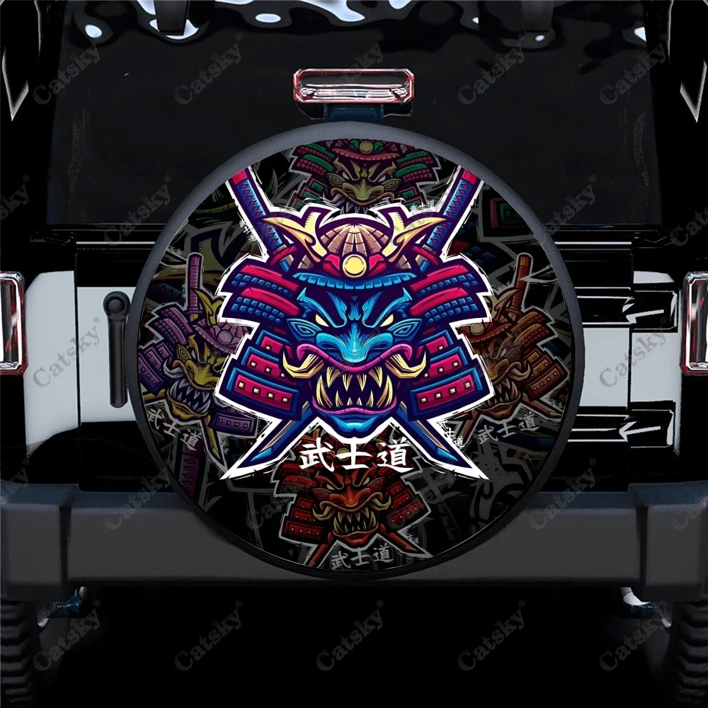 Japanese samurai mask Car Tire Cover Protection Dustproof Customized Universal Camper Off-Road Vehicle auto Car Tire Cover