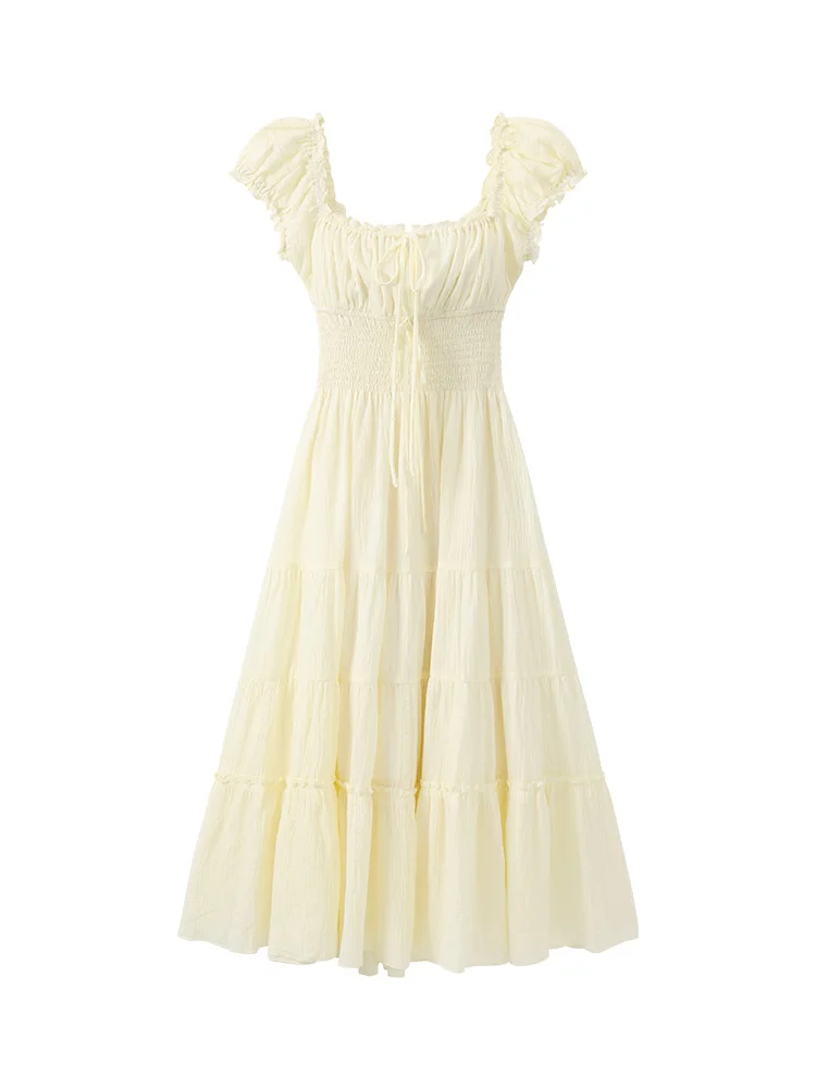 Verão estilo francês vestido de pescoço quadrado para mulheres doce plissado manga cintura alta em camadas bainha maxi vestido de verão fino ajuste saia fluida