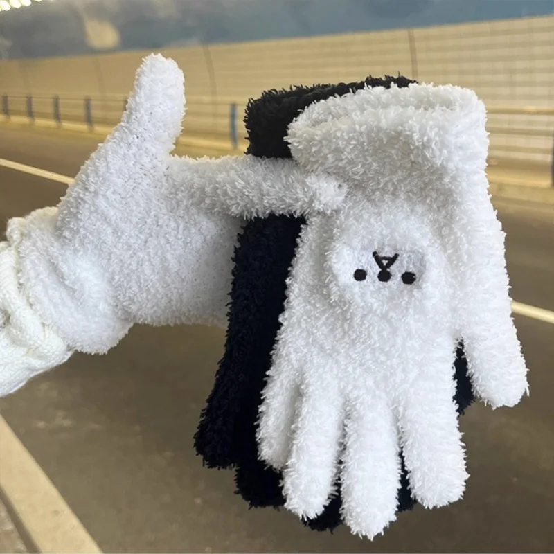 Niedlicher Cartoon-Bär bestickte, verdickte, warme Damen-Winter-Strick-Plüschhandschuhe, Fahrradhandschuhe, warme Outdoor-Handschuhe