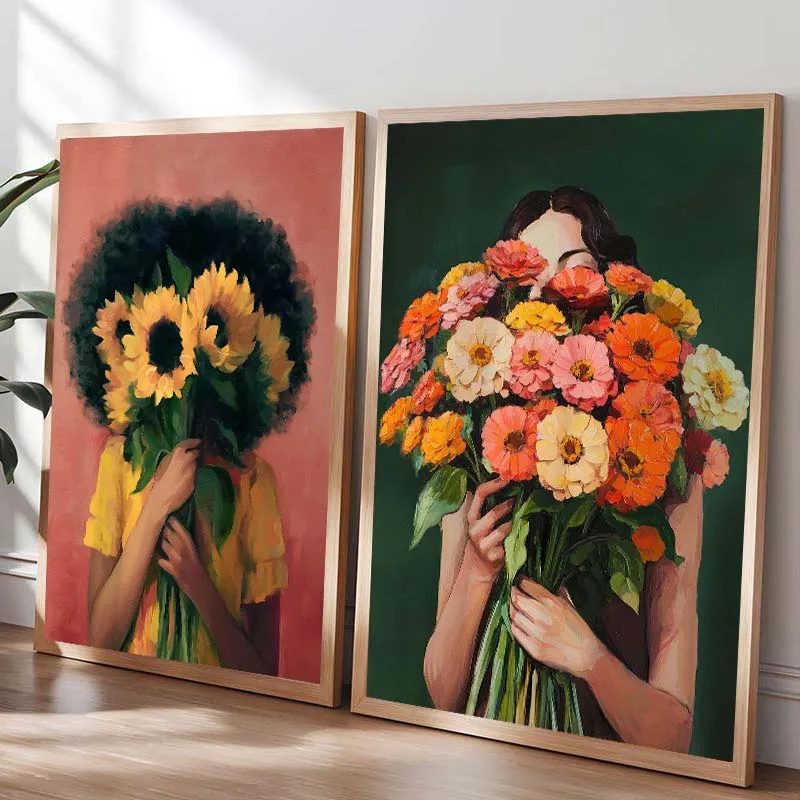 مجردة امرأة بساطتها المشارك قماش جدار الفن امرأة مع زهرة صورة اللوحة طباعة لغرفة النوم الشمال فتاة ديكور المنزل