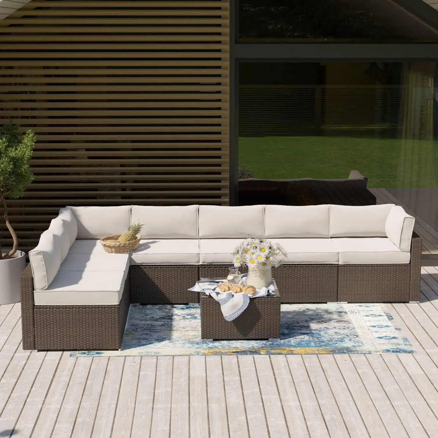 

Outdoor Sectional Wicker Sofa in Off White Cushions, Brown Wicker Patio Furniture Set w Glasstop Table for Backyard Garden Porch