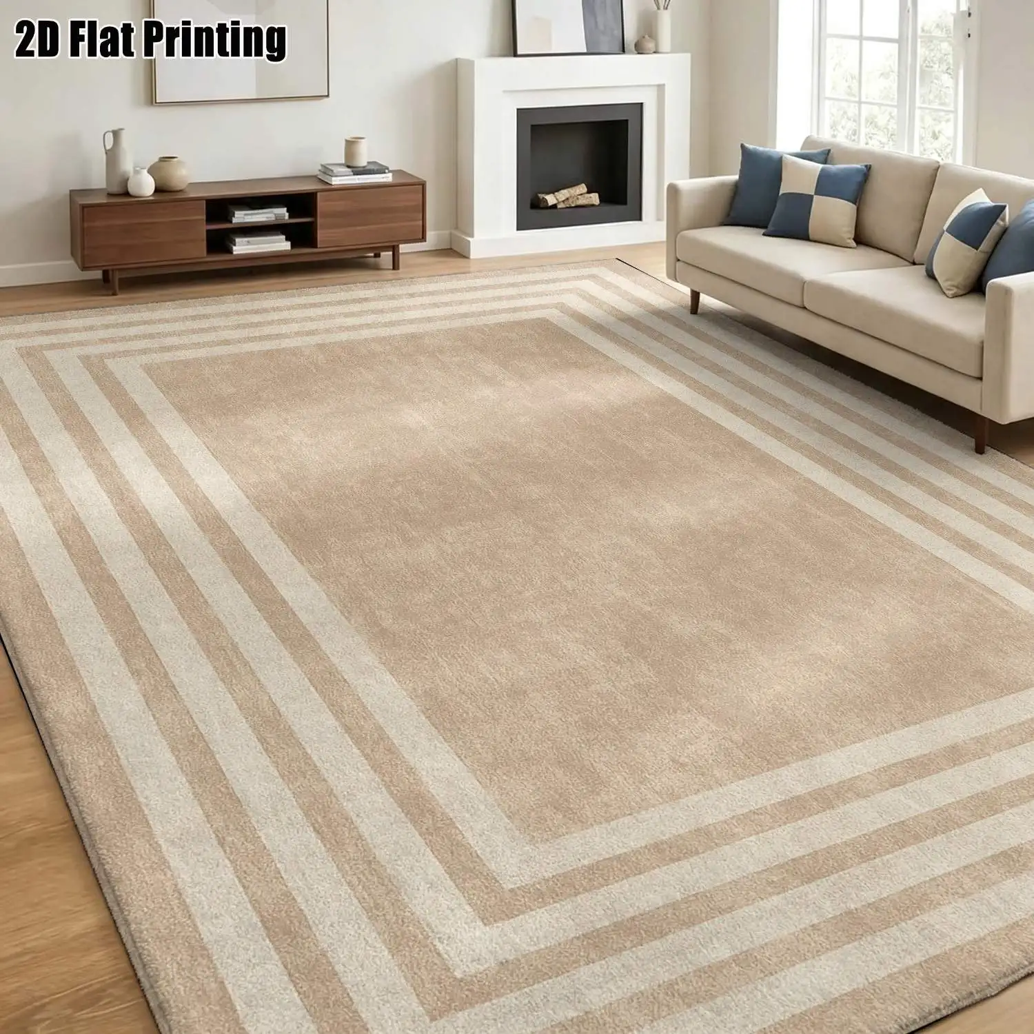 1Pc 2D Printed Beige Geometric Striped Carpet, Modern Simple Nordic-Style Vintage Home Decor Carpet, Various Sizes, Machine-Washable, Suitable for Entrance, Living Room, Bedroom, Dining Room, Foyer