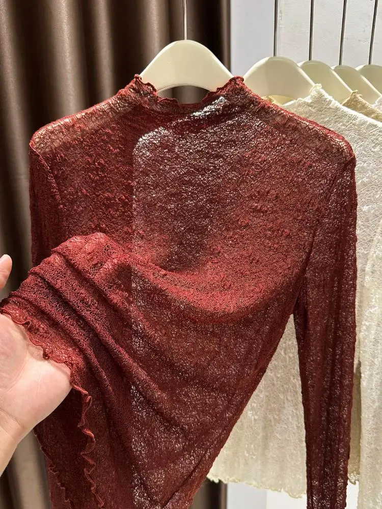 

Red Lace Sexy Semi-Transparent Bot irt Women Spring Autumn New f High Collar with T Ankeolora Nylon Fiber 00%