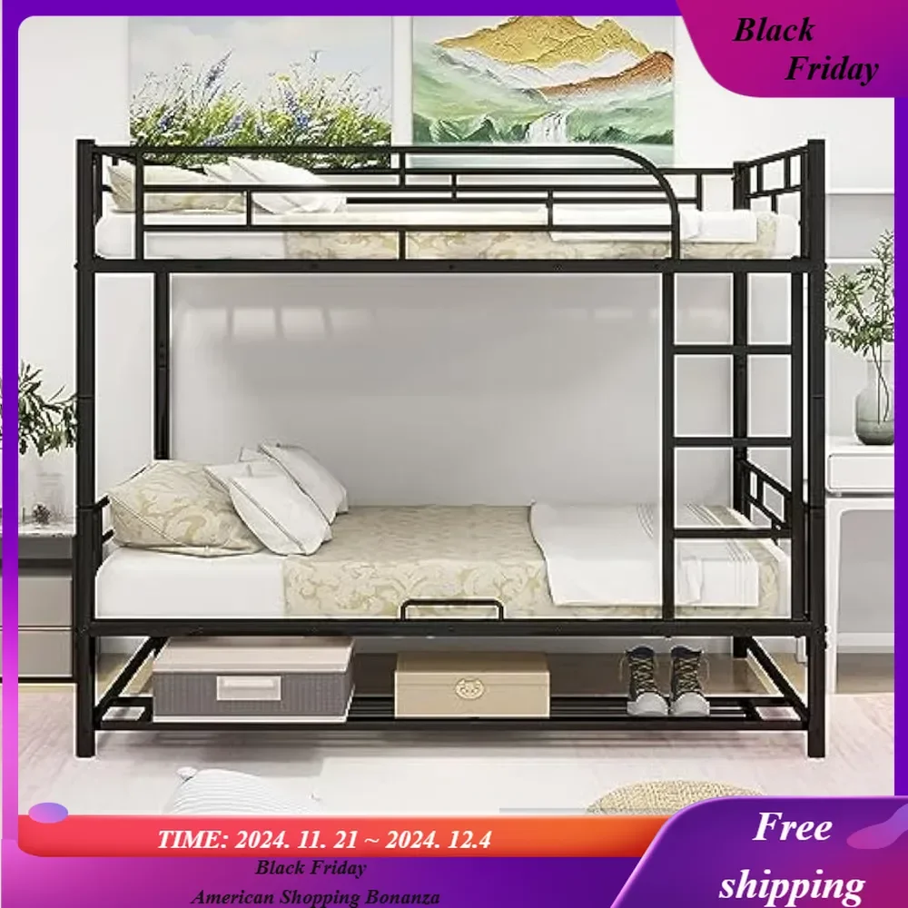 Metal Full over Full Bunk Beds, Heavy Duty Full Size Bunk Beds with Shelf and Slatted Support