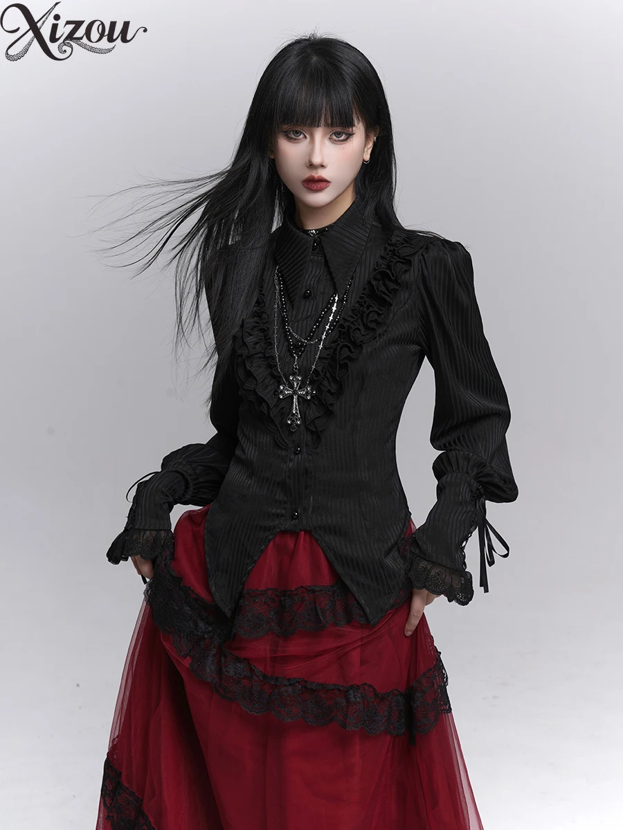 

2025 Women Gothic Lolita Shirts Black White Long Short Sleeve Ruffles Lace Up Lapel Dark Vintage Subculture Autumn Halloween